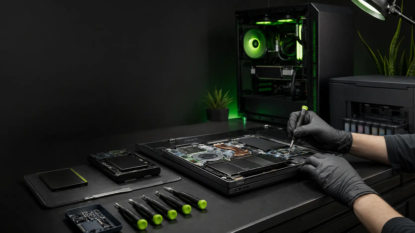 Técnico realizando manutenção em notebook em uma bancada equipada